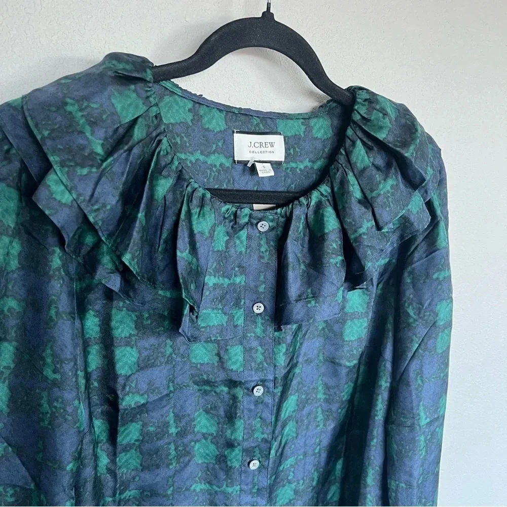 New J. Crew Collection Silk Twill Ruffle-collar Blouse Top Plaid Green Blue NWT